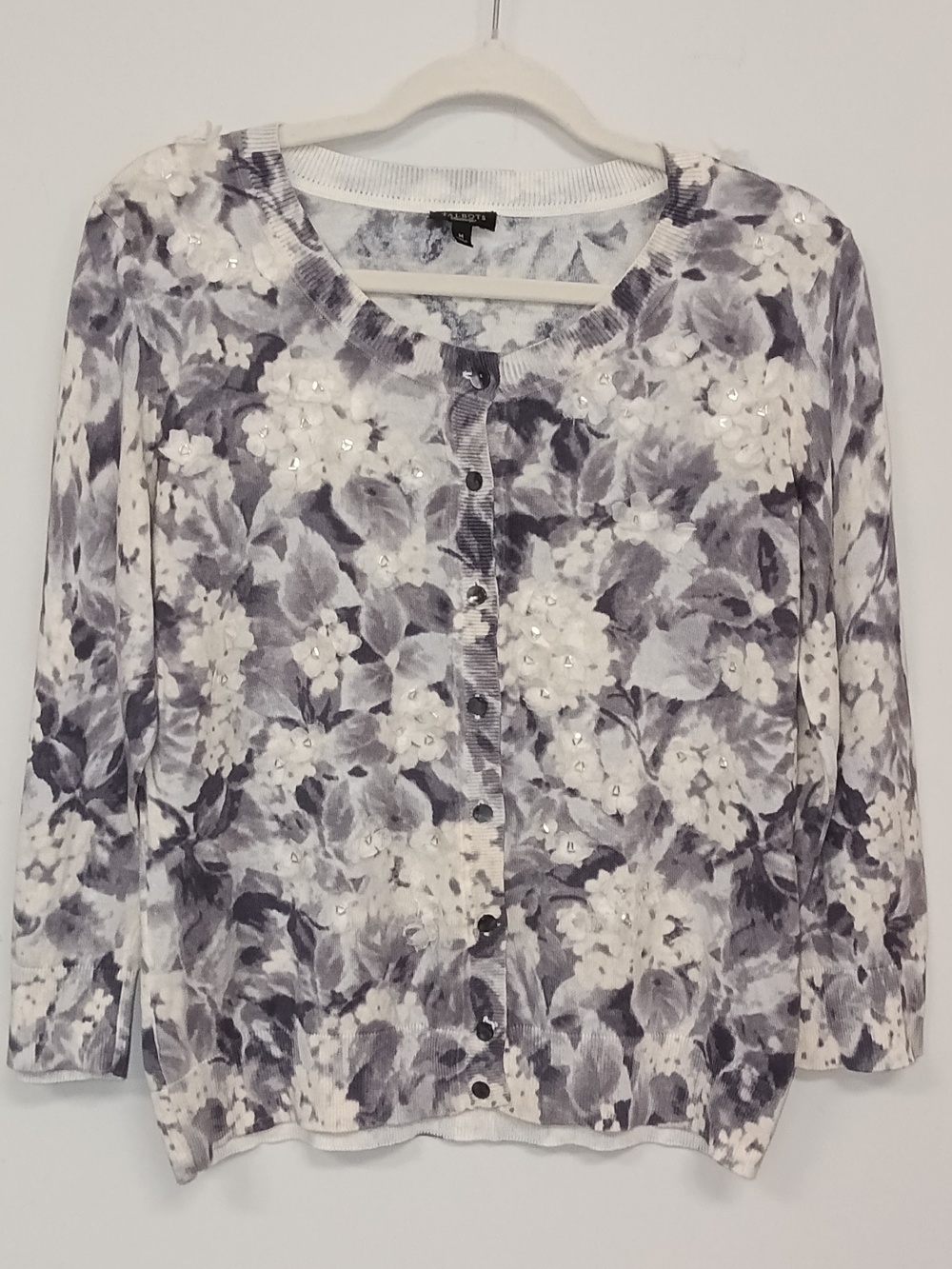 Talbots Silk Cotton Blend Grey Ivory Floral Sequin Lightweight Cardigan M